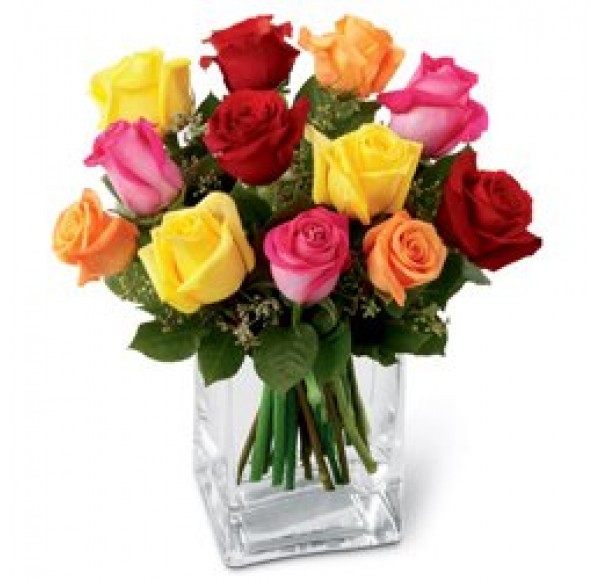 Fashionable Soft Touch Dozen of Mixed Roses in a Vase